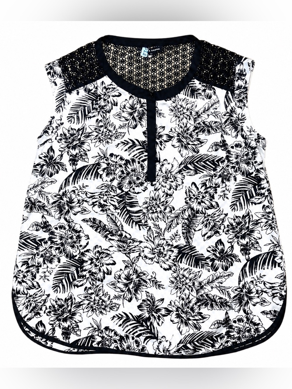 Zac & Rachel Floral Blouse | Black White | Crochet Lace | Sleeveless | Large